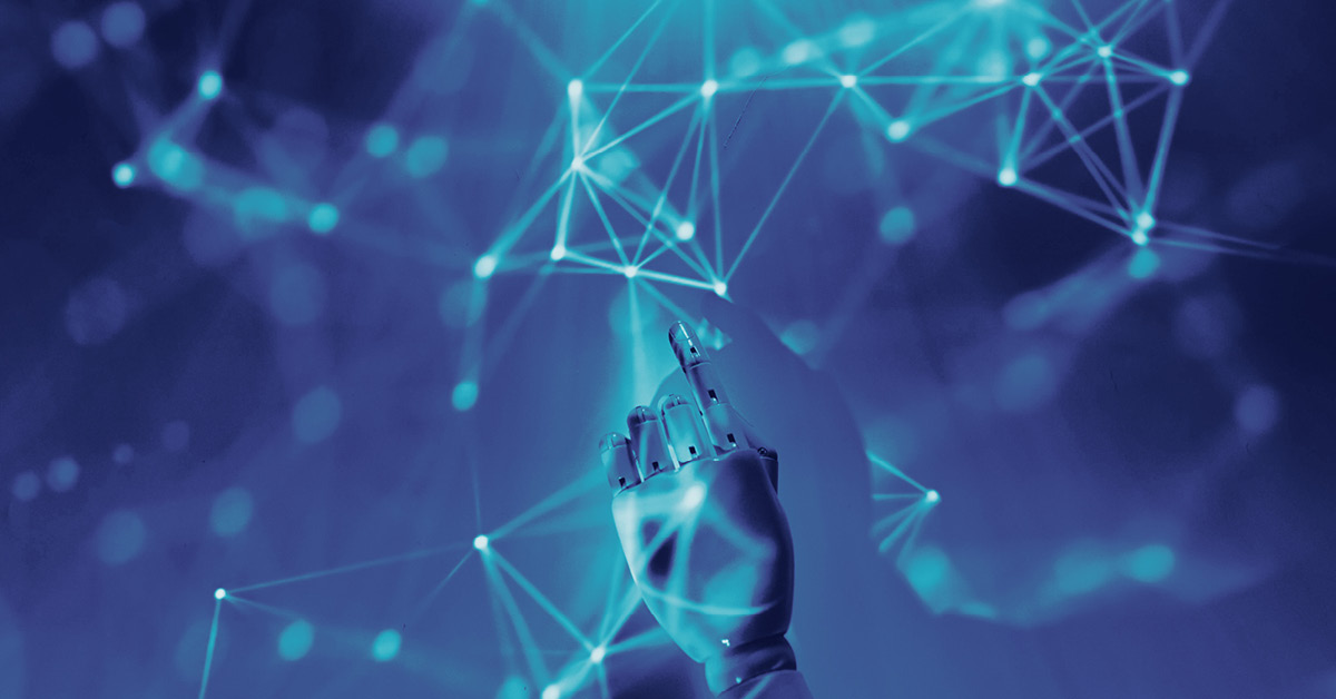 Robotic hand reaching toward glowing AI network